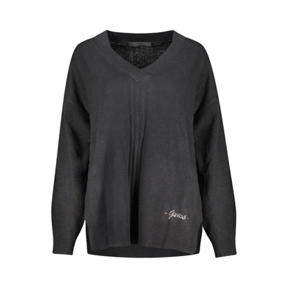 Guess Jeans Black Cotton Sweater - long-sleeved V-neck with contrasting details and logo.