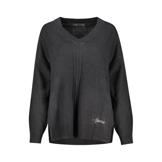 Guess Jeans Black Cotton Sweater - long-sleeved V-neck with contrasting details and logo.