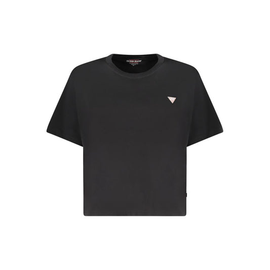 Guess Jeans Black Cotton Women T-Shirt with crew neck and logo applique, made from organic cotton in a chic boxy silhouette.