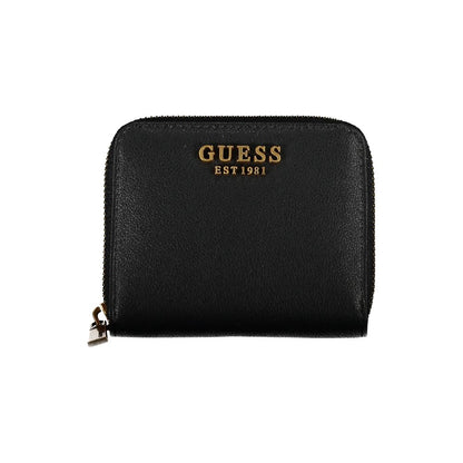 Alt Tag: Guess Jeans Black Polyethylene Wallet with zip closure, 1 compartment, coin purse, and card spaces, features iconic logo design.