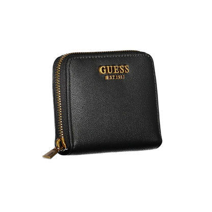 Alt Tag: Guess Jeans Black Polyethylene Wallet with zip closure, coin purse, and card slots, featuring gold logo detail.