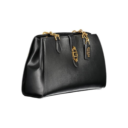 Guess Jeans Black Polyethylene Women Handbag with gold accents, featuring dual handles and compartments for versatile use.