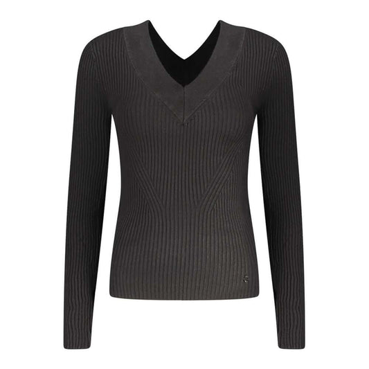 Guess Jeans Black Viscose Sweater with V-neck and contrasting details, long sleeves, featuring logo design.