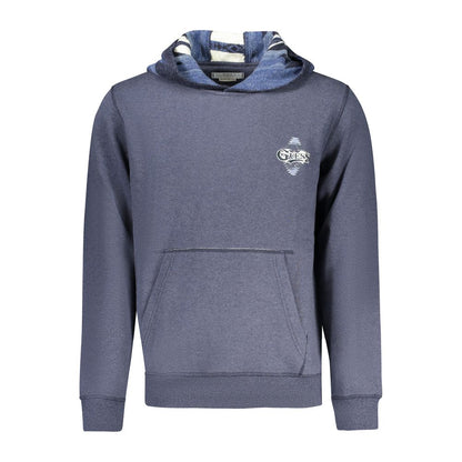 Alt Tag: "Guess Jeans Blue Cotton Men Sweater with hood and central pocket, showcasing signature logo and stylish design."