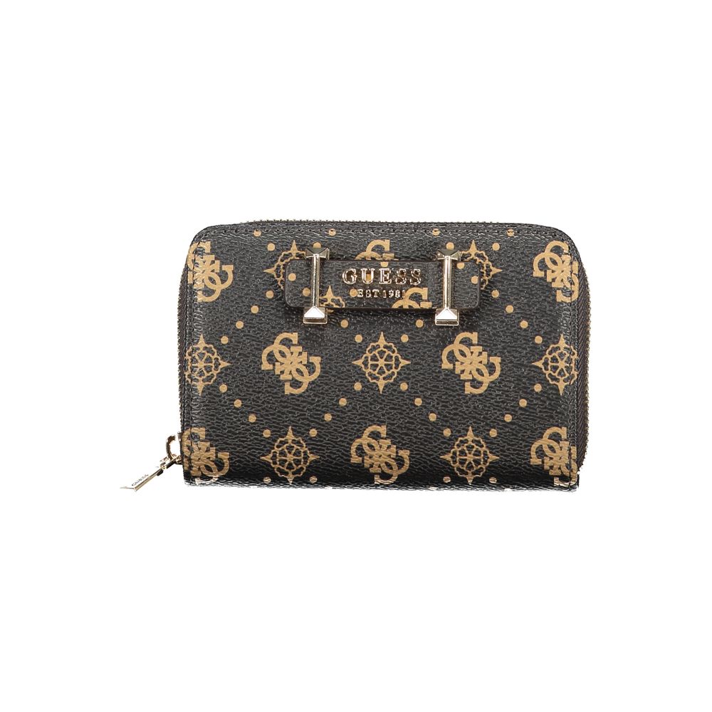 Guess Jeans Brown Polyethylene Wallet with logo, zip closure, coin purse, card spaces, and contrasting details - SILIA SLG WALLET front view