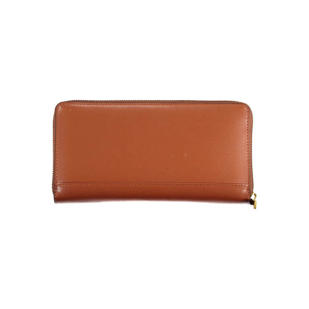 Guess Jeans Elegant Laurel Triple-Compartment Wallet, brown leather design with zip closure.