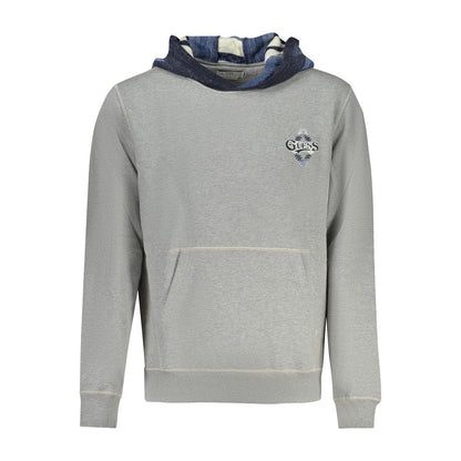 Alt Tag: Guess Jeans Gray Cotton Men Sweater with hood and front pocket, featuring iconic embroidery logo, long sleeves, and striking print detail.