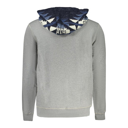 Back view of Guess Jeans Gray Cotton Men Sweater with patterned hood, showcasing stylish design and embroidered logo for casual wear.