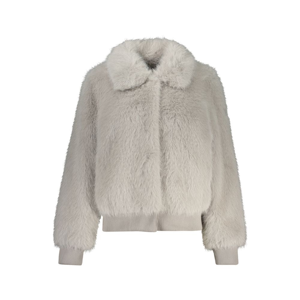 Guess Jeans Gray Polyester Jackets & Coat with fur texture, 2 external pockets, and logo detail.