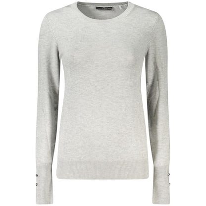 Guess Jeans Gray Viscose Women Sweater with rhinestone details, crew neck, and long sleeves for stylish comfort.