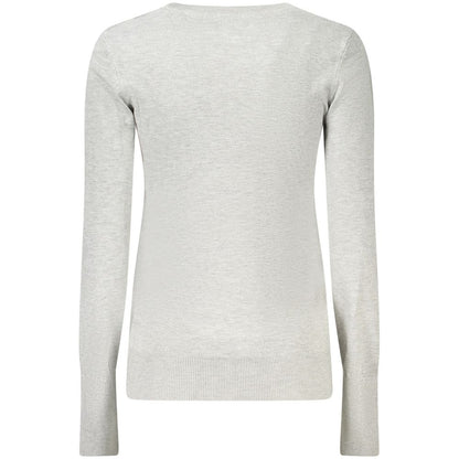 Back view of Guess Jeans Gray Viscose Women Sweater with long sleeves and crew neck, adorned with sparkling rhinestones.