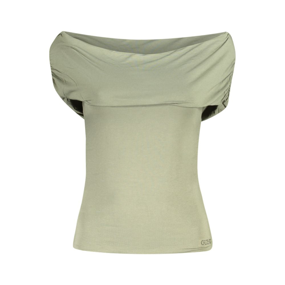 Guess Jeans Green Modal Women T-Shirt with rhinestone logo, off-shoulder style, short sleeves, comfortable and stylish for standout fashion.
