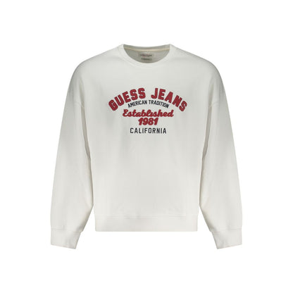 Guess Jeans White Cotton Men Sweater with red embroidered logo, oversized fit, and long sleeves showcasing trendy fashion style.