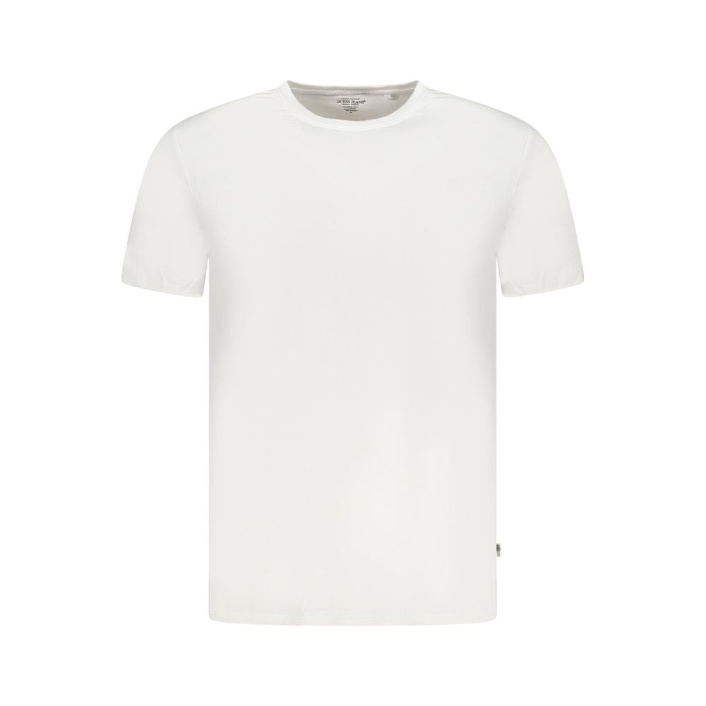 Guess Jeans White Elastane T-Shirt with short sleeves and crew neck, featuring a logo design.