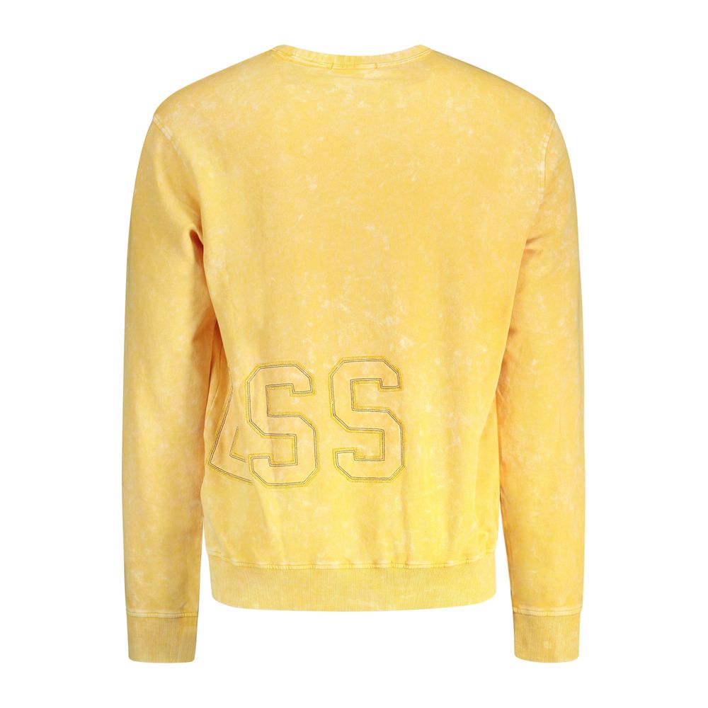 Guess Jeans Yellow Cotton Men Sweater with embroidered logo, plush cotton, long sleeves, crew neck, and washed effect back view.