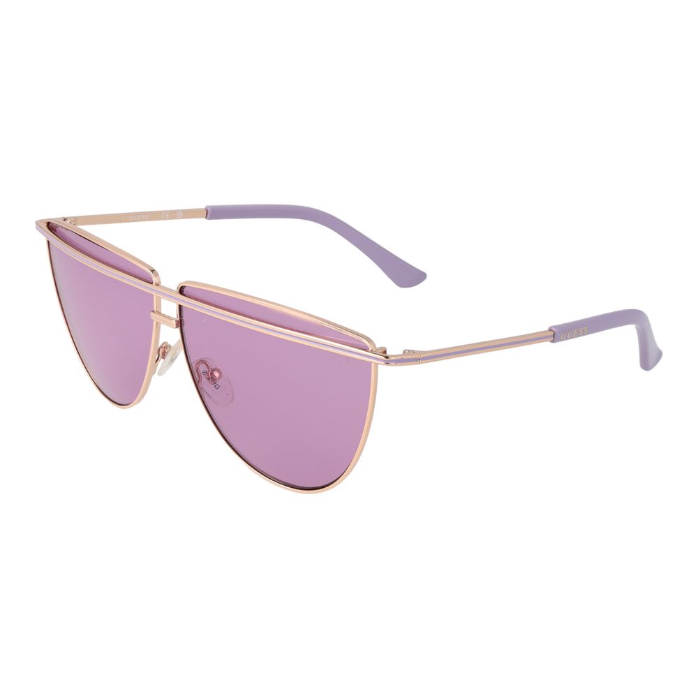 Guess Rose Gold Women Sunglass with purple lenses, full-rim aviator style with 100% UVA & UVB protection, metal frame, includes branded case.