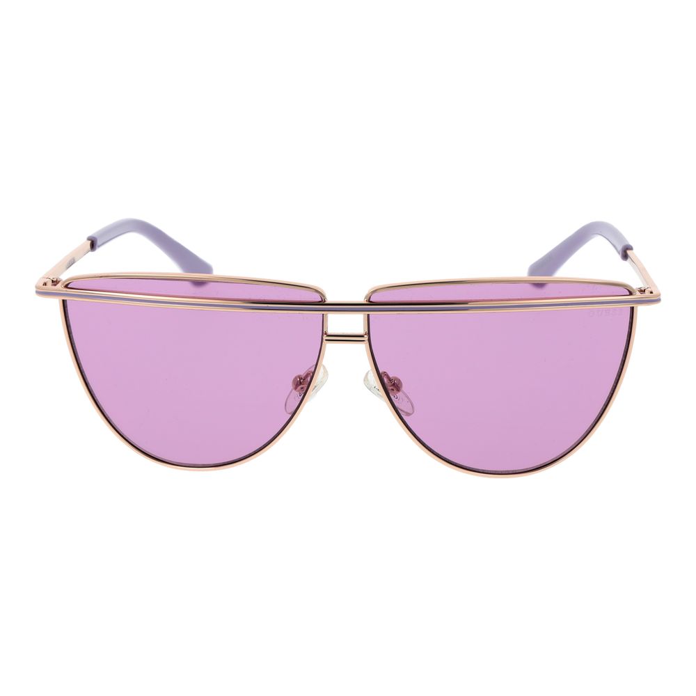 Guess Rose Gold Women Sunglass with full-rim metal frame and purple plastic lenses, UVA & UVB protection, size 63-9-140, aviator style.