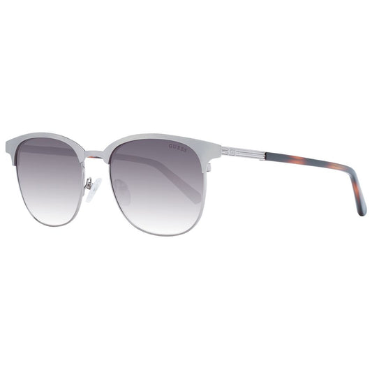 Guess Silver Men Sunglass with full-rim metal frame, grey gradient lenses, and 100% UVA & UVB protection. Includes branded case.