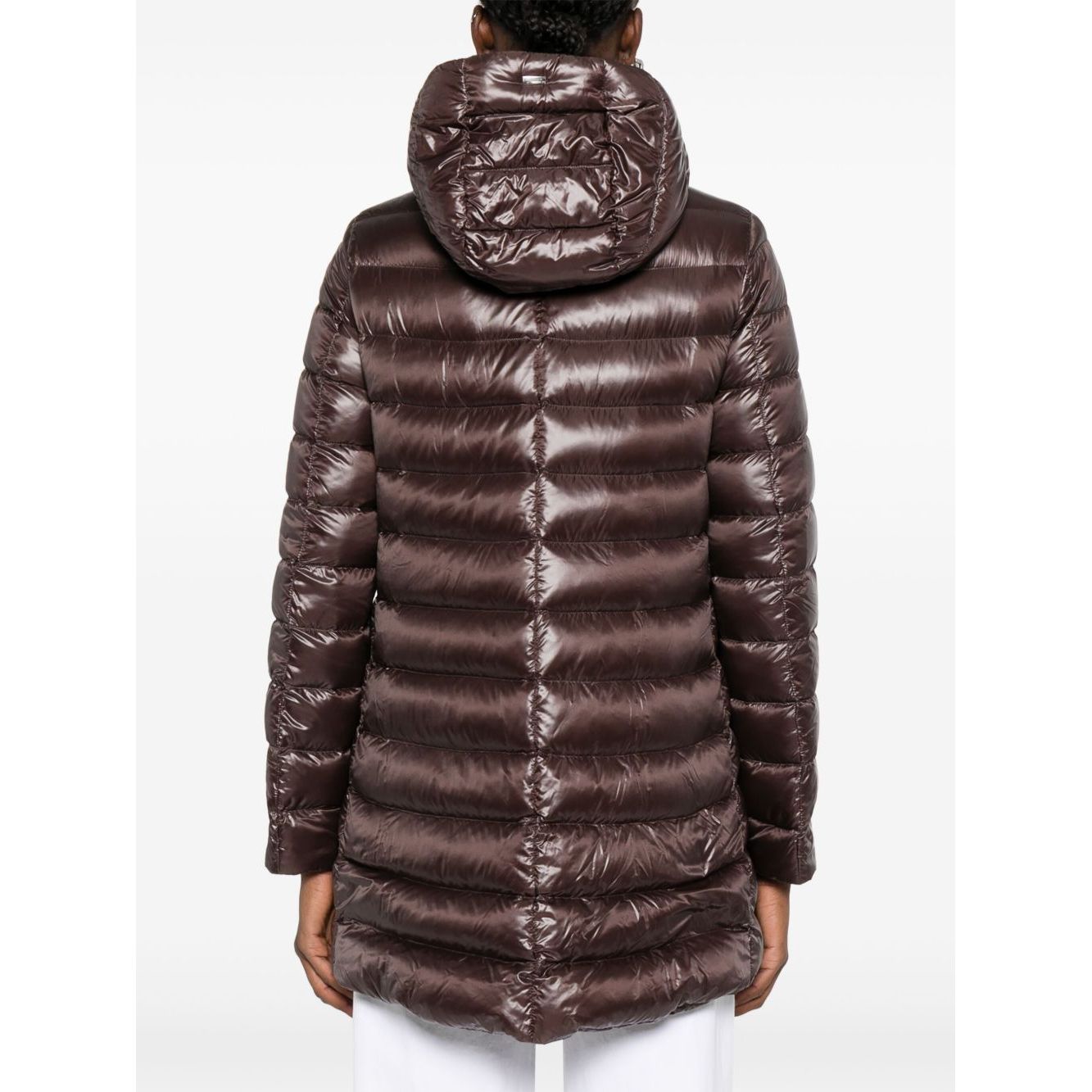 Herno Coats Brown high-shine midi down jacket with drawstring hood and zip-fastening pockets, back view