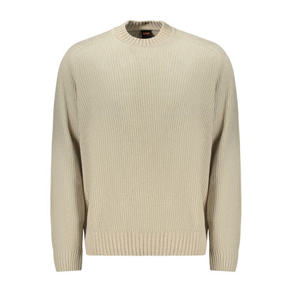Hugo Boss Beige Cotton Sweater, long sleeve chenille crew neck with logo detailing, stylish and comfortable for any occasion.