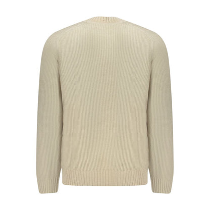 Hugo Boss Beige Cotton Sweater with long sleeves and crew neck, featuring a chenille texture and logo.