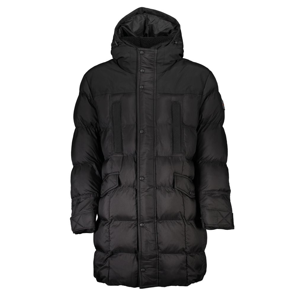 Hugo Boss Black Polyamide Men Jacket with hood and pockets showcasing elite design and protection.