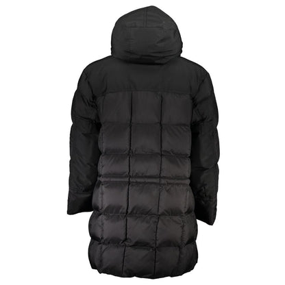 Back view of Hugo Boss Black Polyamide Men Jacket showcasing hood and quilted design, ideal for durability and elegance.