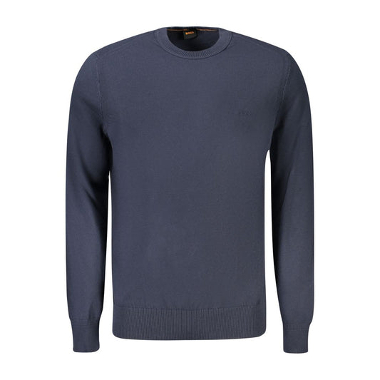Hugo Boss Blue Cotton Sweater with long sleeves, crew neck, and embroidered logo