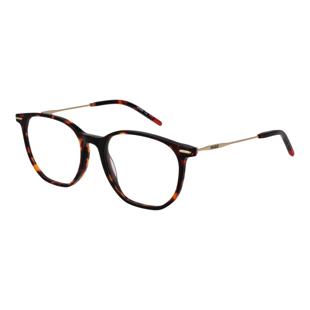 Hugo Boss Brown Acetate Glasses (Frames) for men with full-rim panto style, 52-20-145 size, featuring spring hinges and demo lenses.