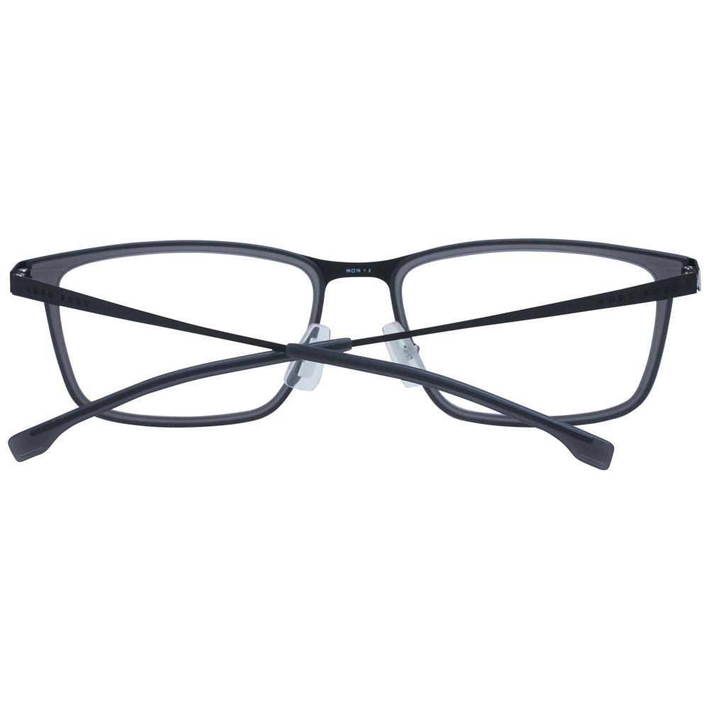 Hugo Boss Gray Men Glasses Frame, full-rim rectangle style, stainless steel, size 56-18-150, includes branded case.
