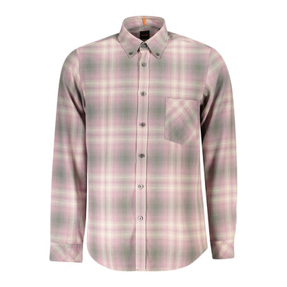 Hugo Boss Pink Cotton Men Shirt with long sleeves, button-down collar, and single-button cuffs, showcasing a classic and sophisticated look.