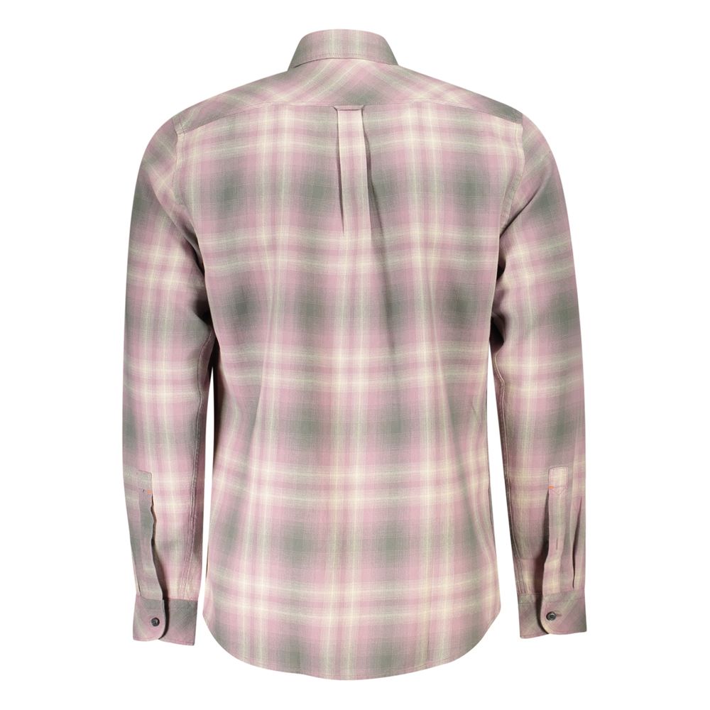 Back view of Hugo Boss Pink Cotton Men Shirt showcasing its plaid design and tailored fit