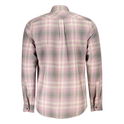 Back view of Hugo Boss Pink Cotton Men Shirt showcasing its plaid design and tailored fit