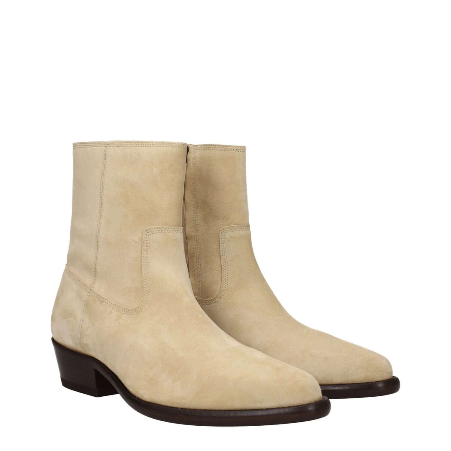 Isabel Marant Beige Leather Ankle Boots with pointy toe and mid heels, suede upper, and leather sole, featuring zip closure.