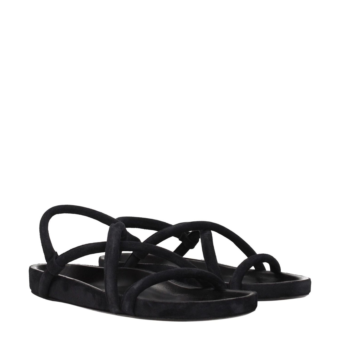 Isabel Marant Black Leather Flat Sandals with vintage effect, suede material, and open toe design, featuring a low flat heel.