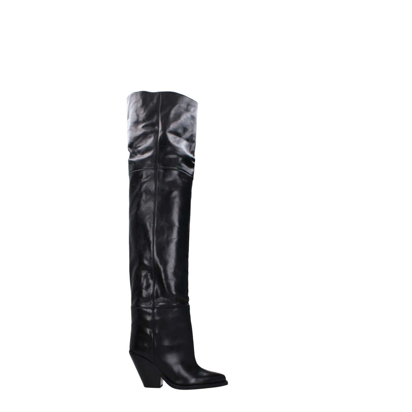 Isabel Marant Black Leather Over The Knee boots, high heel, square toe, casual style, made of leather.