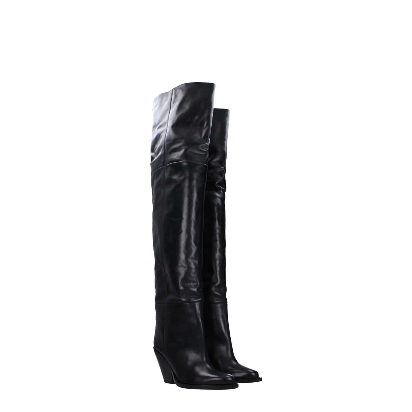 Isabel Marant Black Leather Over The Knee boots with high heel and square toe design, crafted from black leather. Style: casual, MPN: CD0007FAA4A23S01BK.