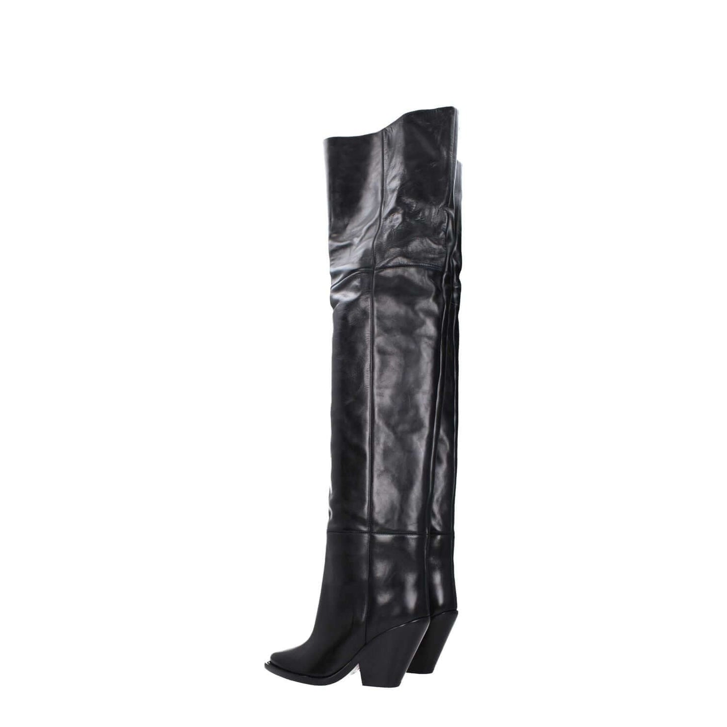 Isabel Marant Black Leather Over The Knee boots with high heel, square toe, and leather sole, style CD0007FAA4A23S01BK.