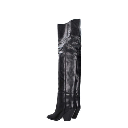 Isabel Marant Black Leather Over The Knee boots with high heel, square toe, and leather sole, style CD0007FAA4A23S01BK.
