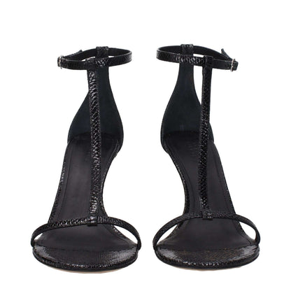 Isabel Marant Black Leather Stiletto Heel Sandals with suede straps and leather sole, featuring an open toe and self-tie closure.