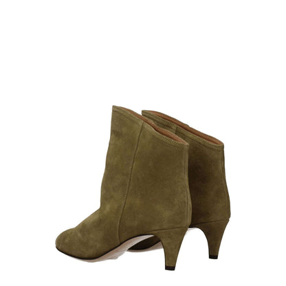 Isabel Marant Gray Leather Ankle Boots with mid heels and pointy toe, crafted in suede with leather sole, style: country, secondary color: turtledove.