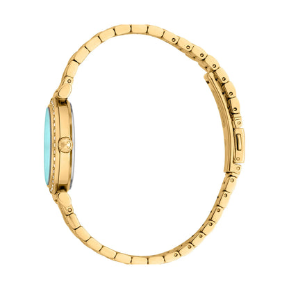 Side view of JUST CAVALLI TIME WATCHES Mod. JC1L273M0065 with gold SS IP strap, 30 mm case, and Seiko Movement VJ20