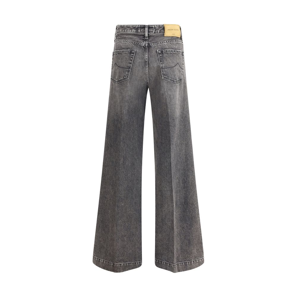 Jacob Cohen Gray Cotton Relaxed Fit Jeans with wide leg and classic five-pocket design, back view showcasing craftsmanship.