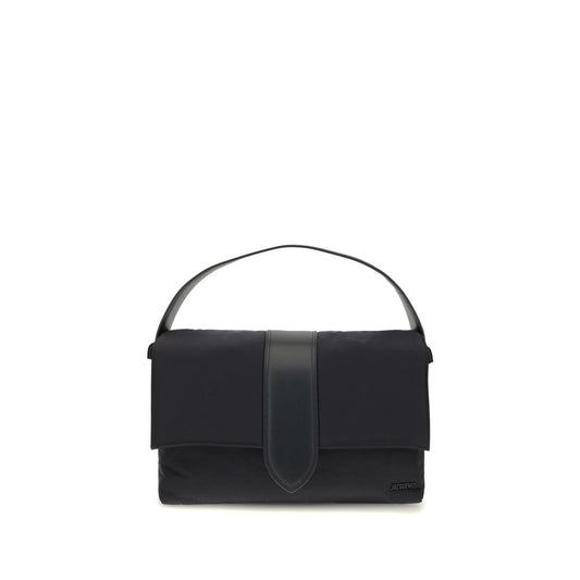 Jacquemus Black Nylon Shoulder Bag with leather handle and magnetic flap. Features zipper closure and adjustable grosgrain strap.