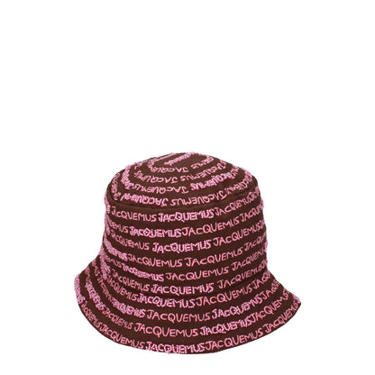 Jacquemus Brown Cotton Bucket Hat with pink logo and beaded details, 100% cotton, casual style, MPN 235AC4515035850.