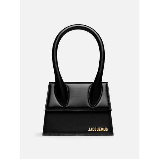 Jacquemus Le Chiquito Moyen Black Bag with gold hardware, removable strap, and magnetic flap closure, 18x13.5cm, made in Italy.