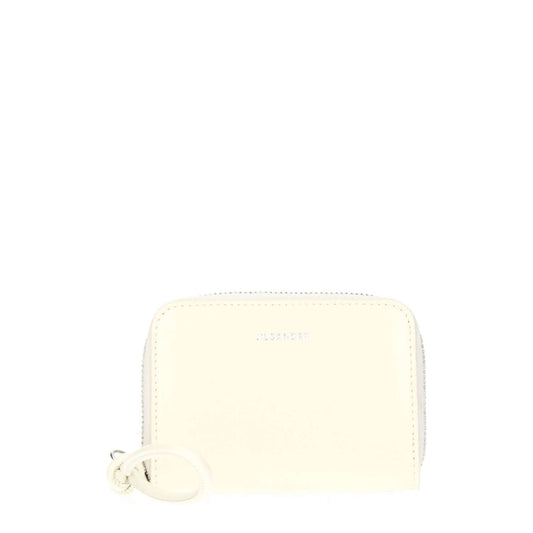 Front view of Jil Sander Beige Leather Wallet with zip closure and logo, 7x10 cm size, casual style.