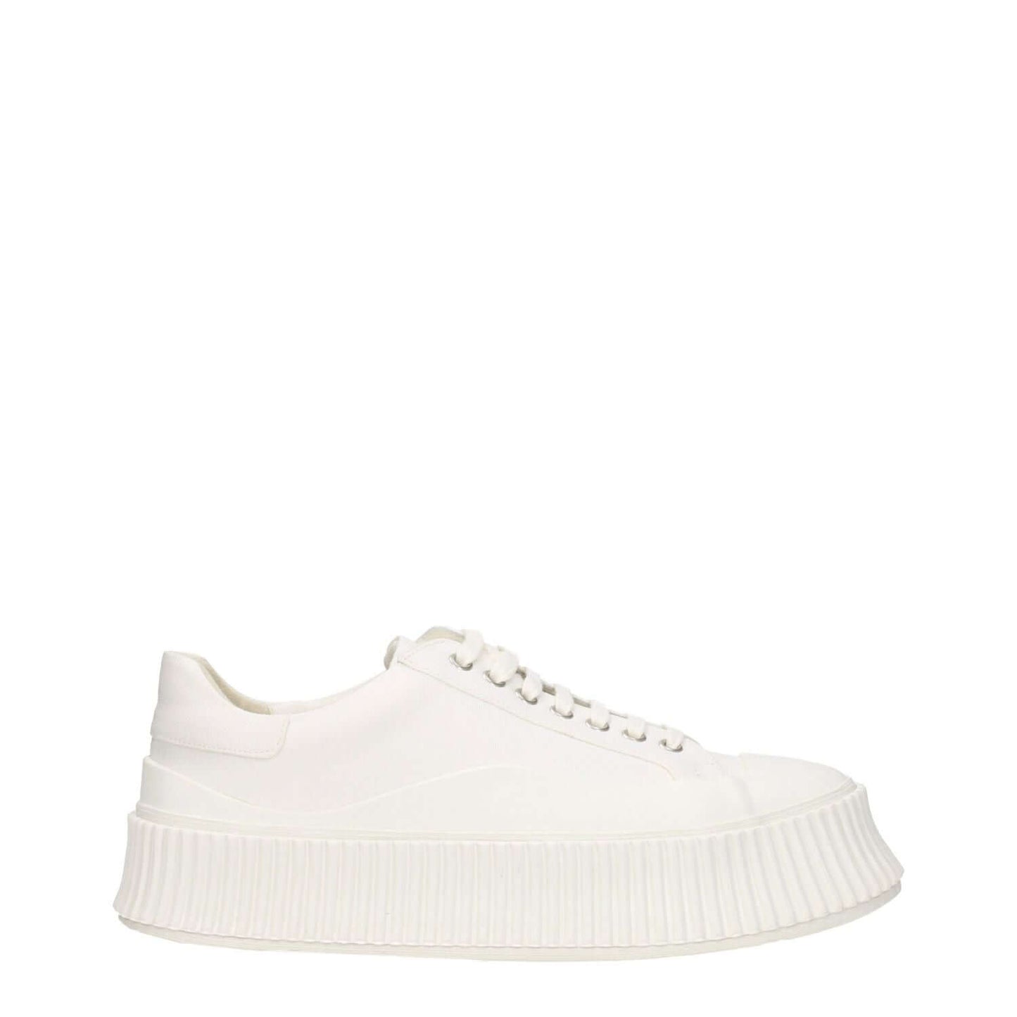 Jil Sander White Fabric Platform Sneakers with lace-up closure and rubber wedge sole. Casual style with a 5 cm wedge height and round toe.