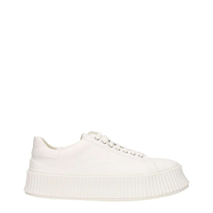 Jil Sander White Fabric Platform Sneakers with lace-up closure and rubber wedge sole. Casual style with a 5 cm wedge height and round toe.