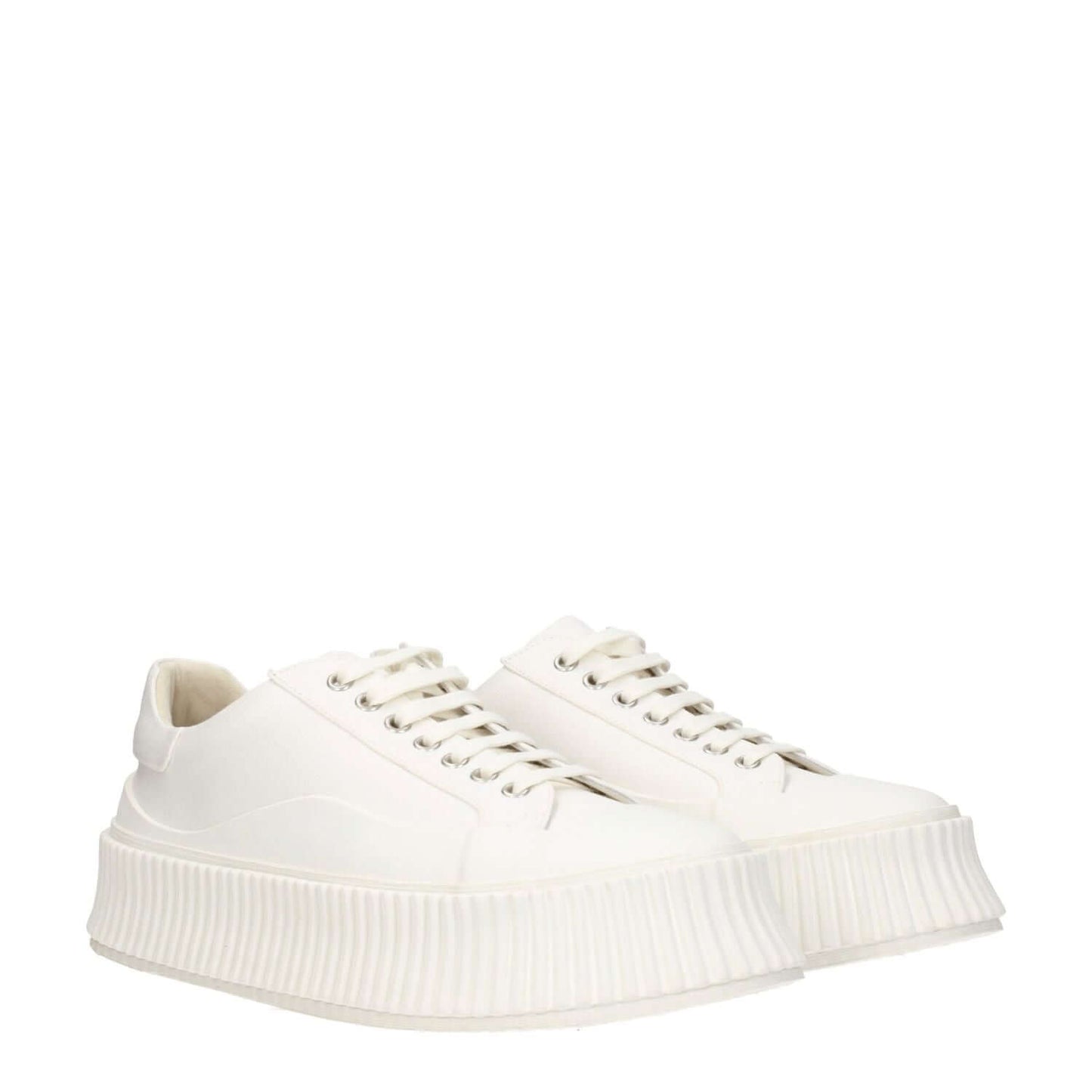 Jil Sander White Fabric Platform Sneakers with lace-up closure and 5 cm wedge rubber sole.